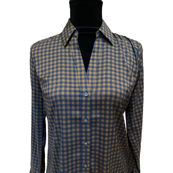 Ann Taylor Navy and Brown Checked Button Down Blouse XS - Picture 4 of 17